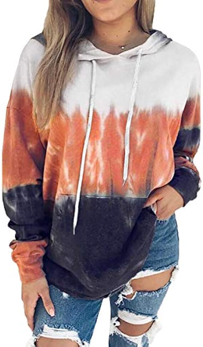 Eytino Women Hoodies Tops Tie Dye Printed Long Sleeve Drawstring Pullover Sweatshirts with PocketS-XXL