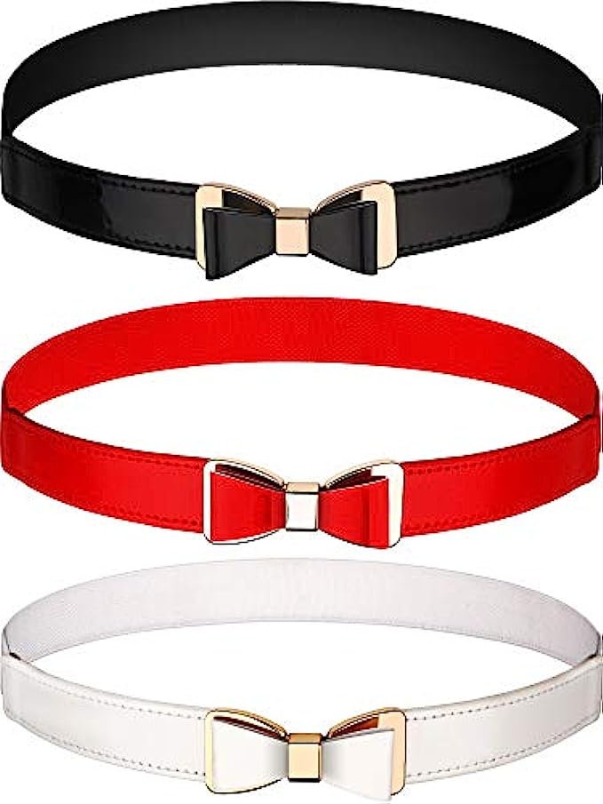 3 Pieces Women Skinny Waist Belt Thin Stretchy Bow Belt for Dress, 3 Colors Set 1