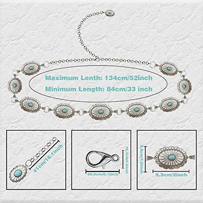 Western Belts for Women, Flower Turquoise Concho Adjustable Chain Belts, Western Jewelry Bling Rhinestone Belt with Buckle for Women Dresses Jeans Pants