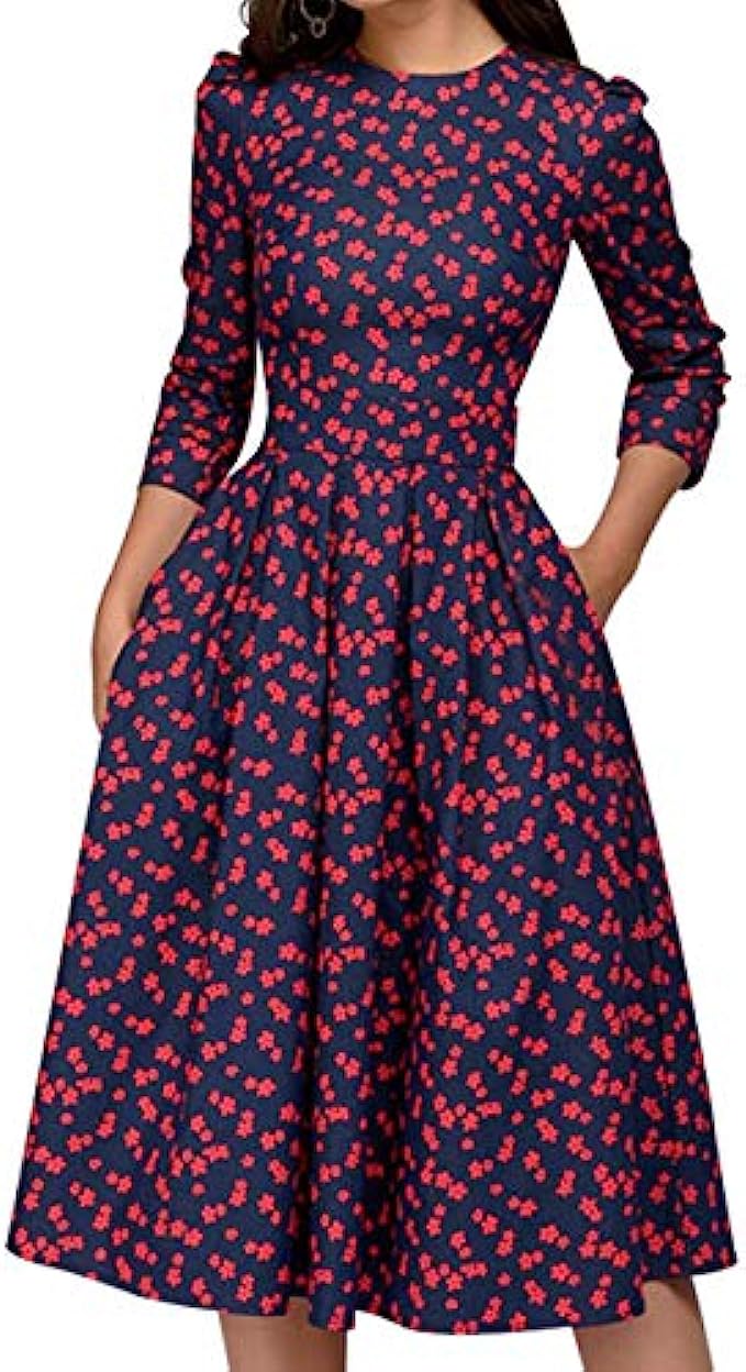 Simple Flavor Womens Floral Vintage Dress Elegant Midi Evening Dress 3/4 Sleeves