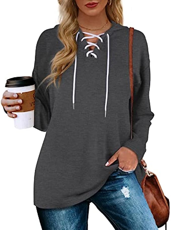 Aloodor Womens Hoodies Pullover Long Sleeve Sweatshirts Drawstring Loose Casual Fall Clothing S-2XL