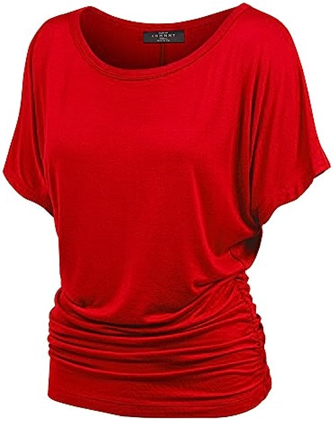 Made By Johnny Womens Solid Short Sleeve Boat Neck V Neck Dolman Top with Side Shirring