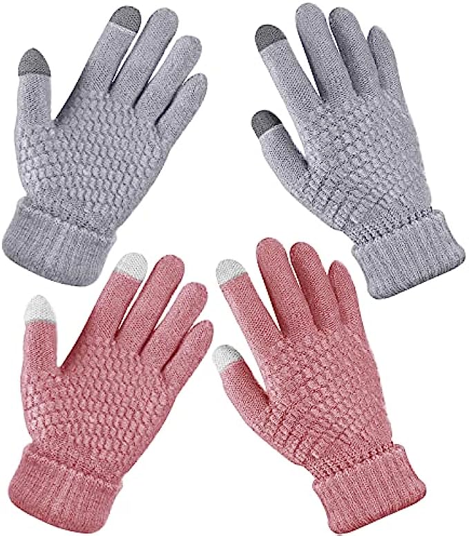 2 Pairs Womens Winter Touchscreen Gloves Warm Fleece Lined Knit Gloves Elastic Cuff Winter Texting Gloves