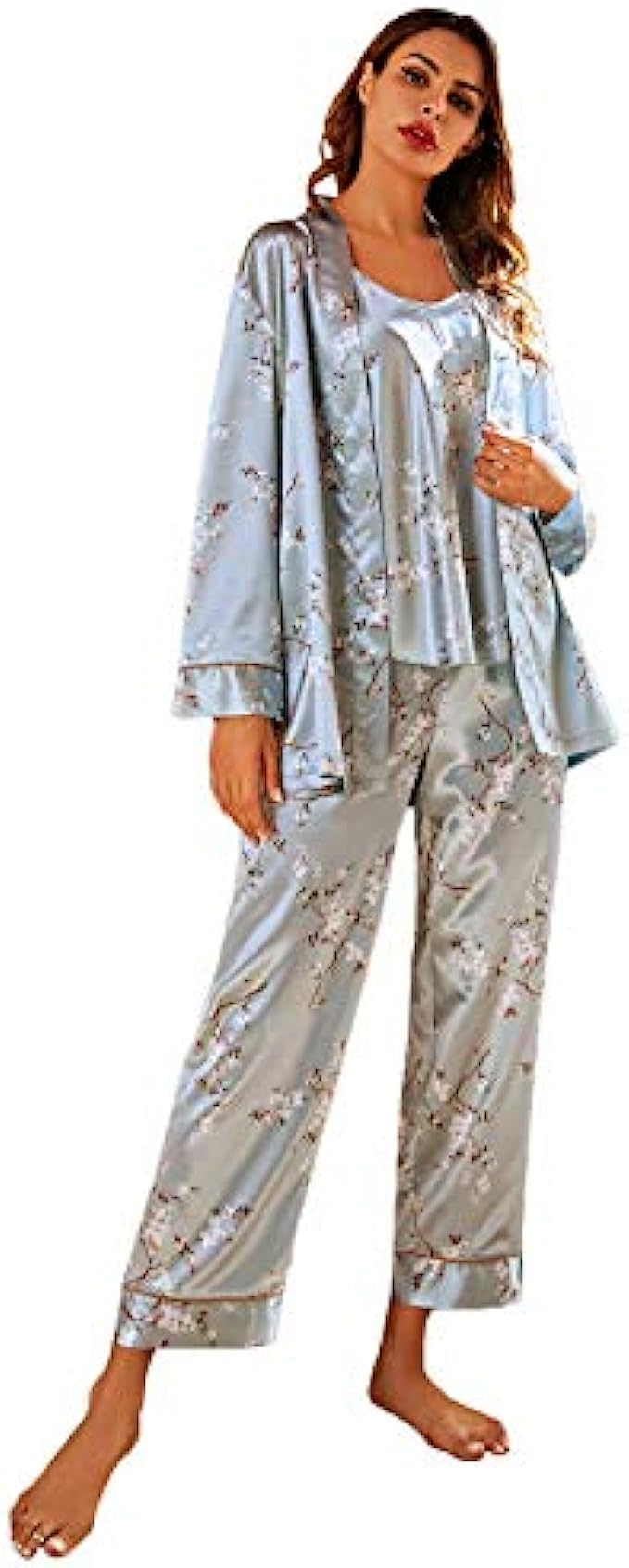 SheIn Womens 4 Piece Floral Cami Top and Shorts Pants Satin Pajama Set with Belted Robe