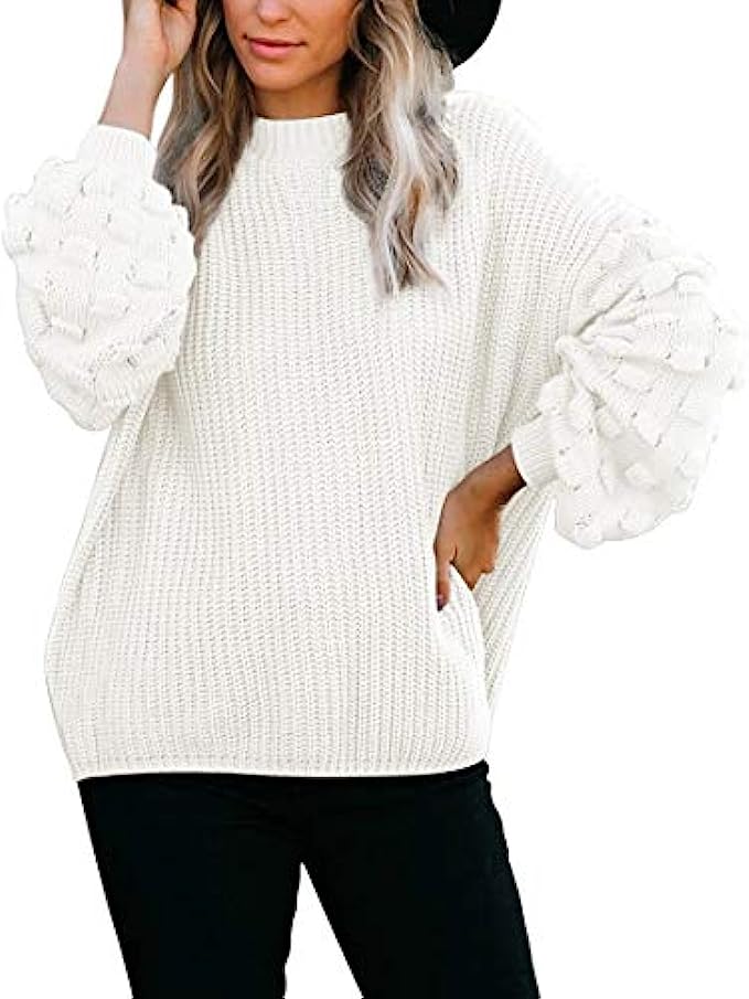 Sovoyontee Womens Cute Oversized Crewneck Loose Puff Sleeves Chunky Knit Pullover Sweater