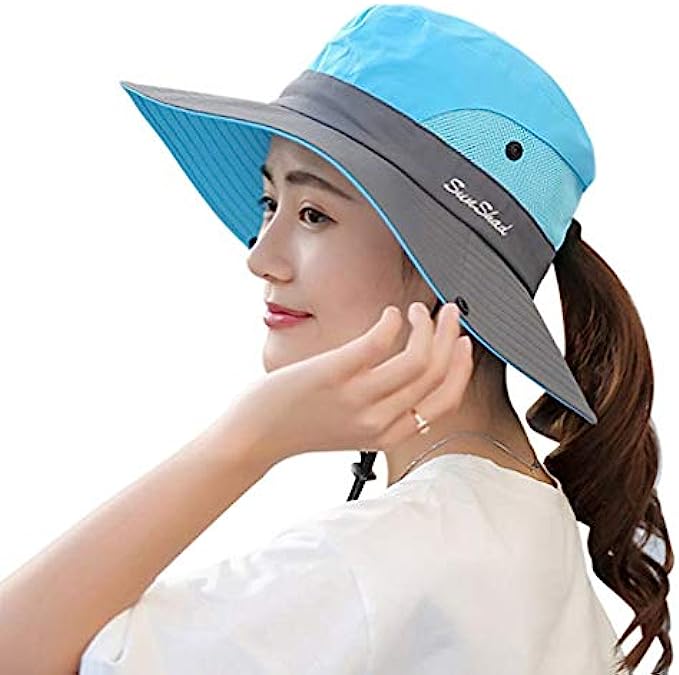 KPWIN Sun Hats for Women, Womens Ponytail Bucket Hat Outdoor UV Protection Foldable Mesh Wide Brim Beach Fishing Hat
