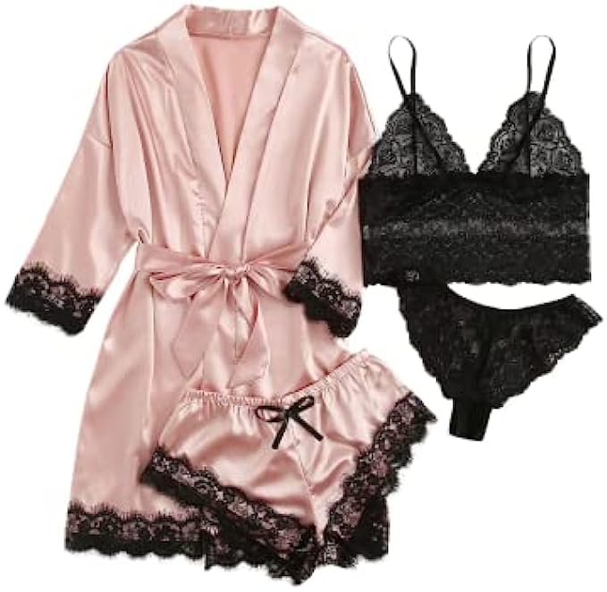 SOLY HUX Womens Satin Pajama Set 4pcs Floral Lace Trim Cami Lingerie Sleepwear with Robe
