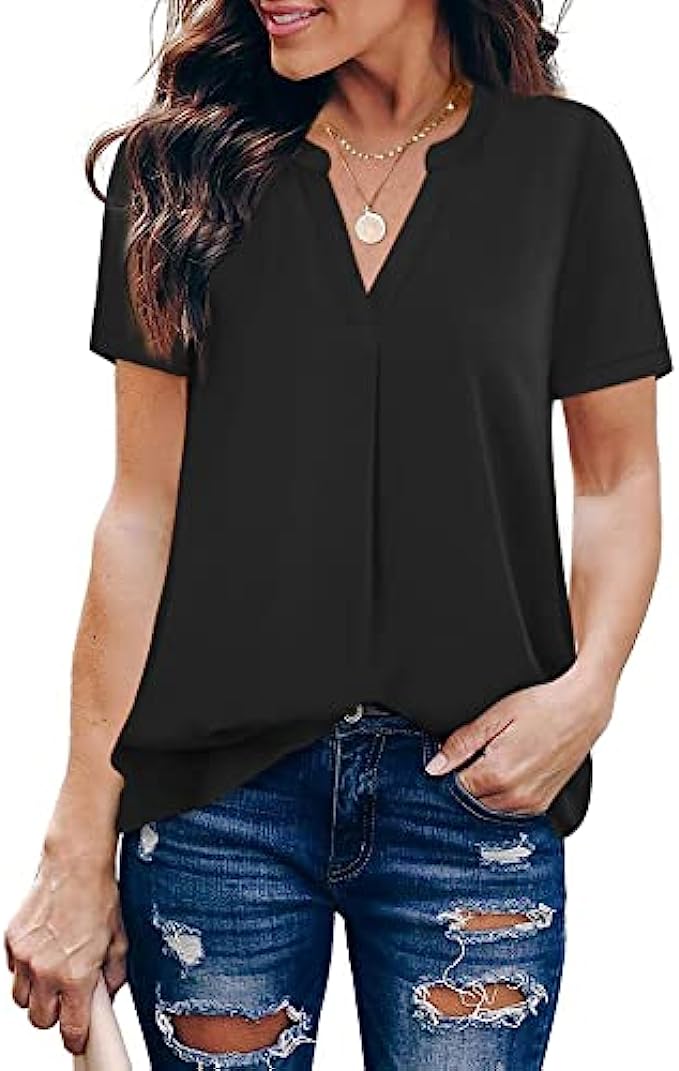 Timeson Womens V Neck Short Sleeve Curved Hem Sheer Chiffon Blouse Shirts Tops