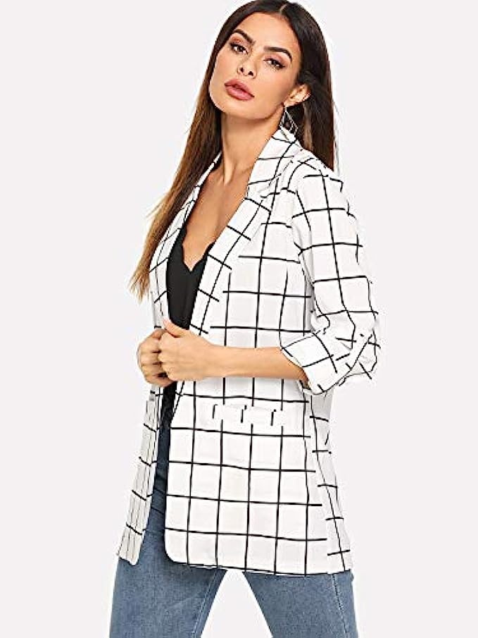 Milumia Womens Open Front Blazer Casual Lightweight Plaid Roll Up Sleeve Jacket Shirt
