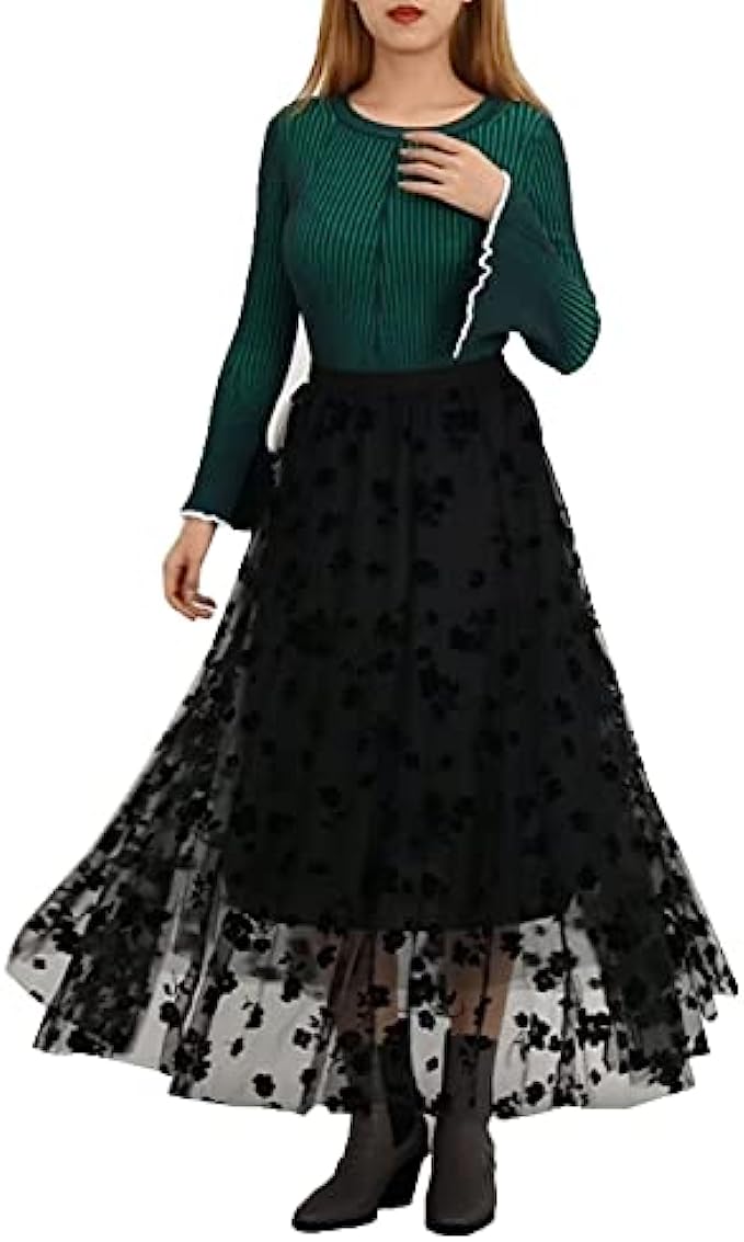BABAMOON Women Chiffon Tulle Elastic Floral Print Mesh Overlay Layered A Line Midi Skirt