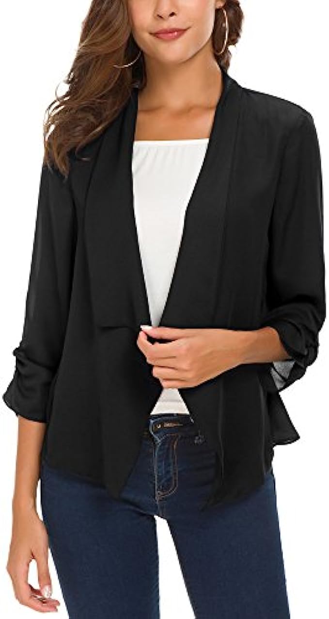 Womens Ruched Sleeve Lightweight Thin Chiffon Blazer