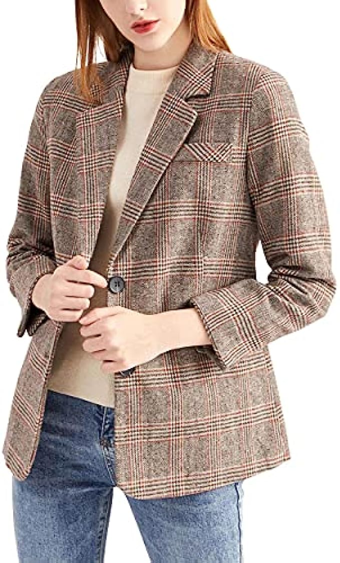 ebossy Womens Notch Lapel 2 Button Boyfriend Blazer Suit Houndstooth Plaid Jacket Coat