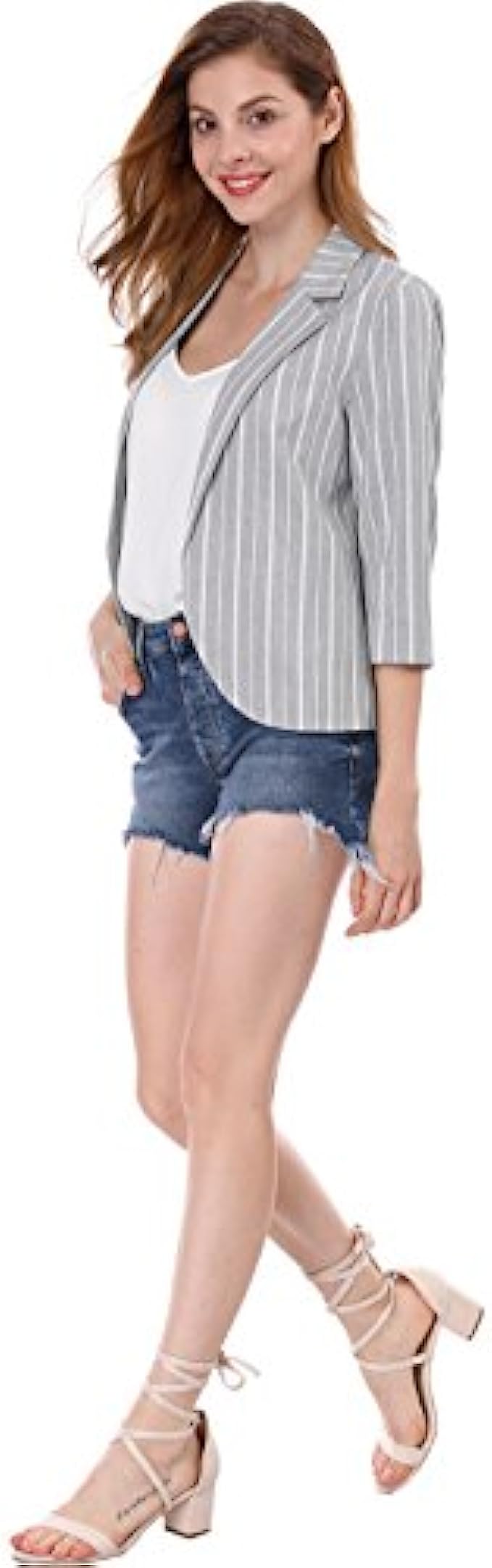 Allegra K Womens Striped 3/4 Sleeves Open Front Notched Lapel Blazer