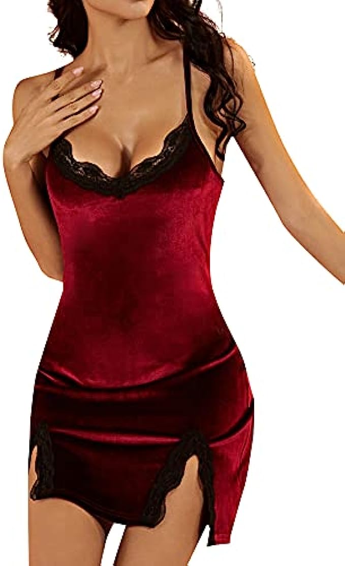 LYANER Womens Contrast Lace Split Hem Sleeveless Velvet Chemise Nightgown Nightdress Sleepwear