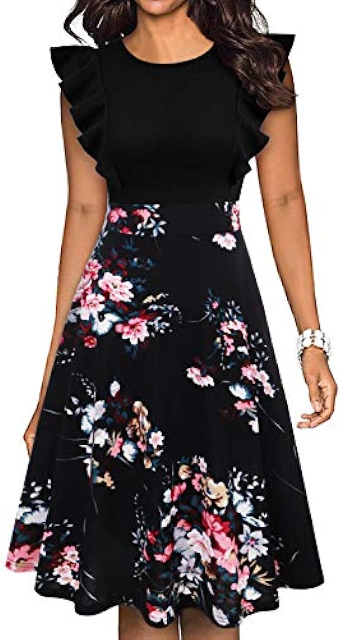 IHOT Womens Vintage Ruffle Floral Flared A Line Swing Casual Cocktail Party Dresses with Pockets