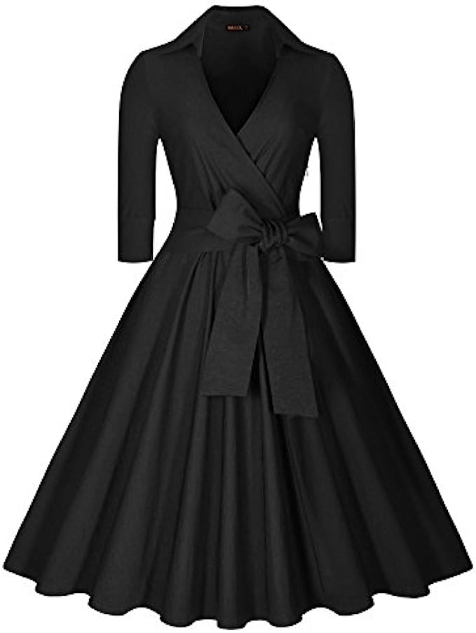 Miusol Womens Deep-V Neck Classical Bow Belt Vintage Casual Swing Dress
