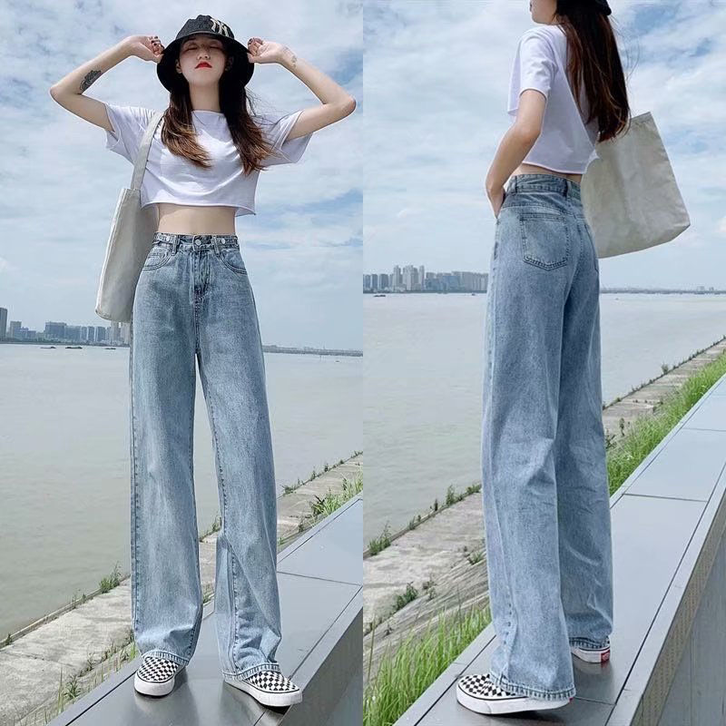 [OOTD wholesale] XS-2XL recommended by the store manager! Preferred high-waisted wide-leg jeans Womens plus size slimming loose floor-length trousers Adjustable trousers design High-waisted deni