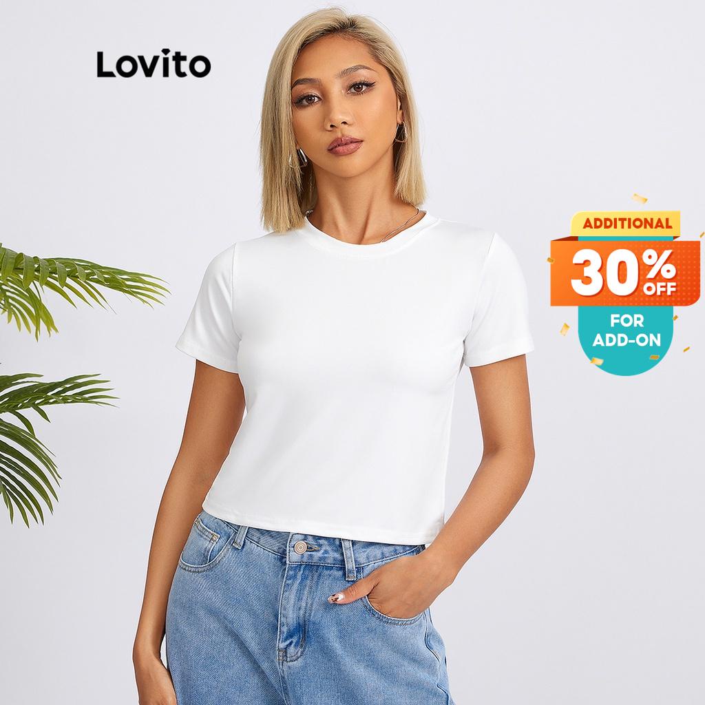 Lovito Casual Plain Crew Neck Basic Tshirt for Woman L18X101 White/Pink/Blue/Black