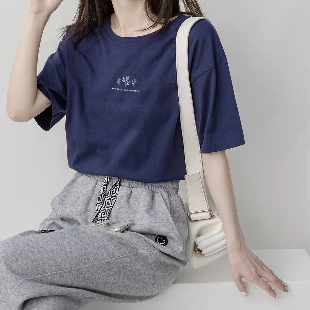 TBB韓版圓領短袖t恤女 夏季短袖上衣 休閒T恤 寬鬆植物印花含棉白色ins超火短袖上衣 學生半袖上衣 多色可選擇