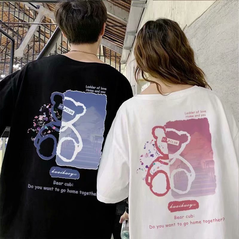 情侶短T恤 韓版小熊塗鴉印花五分袖寬鬆OVERSIZE短袖上衣NLSD-D167
