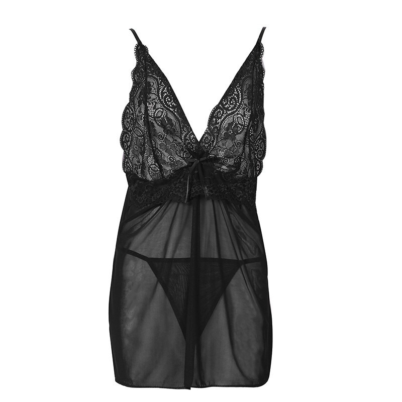 Women Fashion V-neck Crochet Lace Mesh Dress and Pantie Two Pieces Set Soft Homewear Halter Lace Nightgown Plus Size