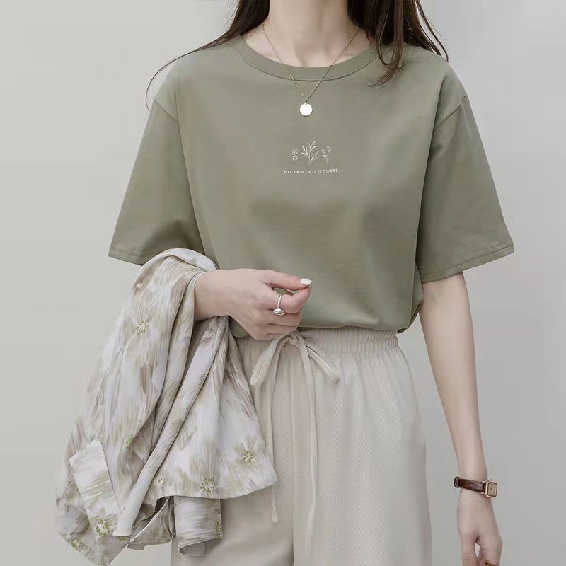 TBB韓版圓領短袖t恤女 夏季短袖上衣 休閒T恤 寬鬆植物印花含棉白色ins超火短袖上衣 學生半袖上衣 多色可選擇