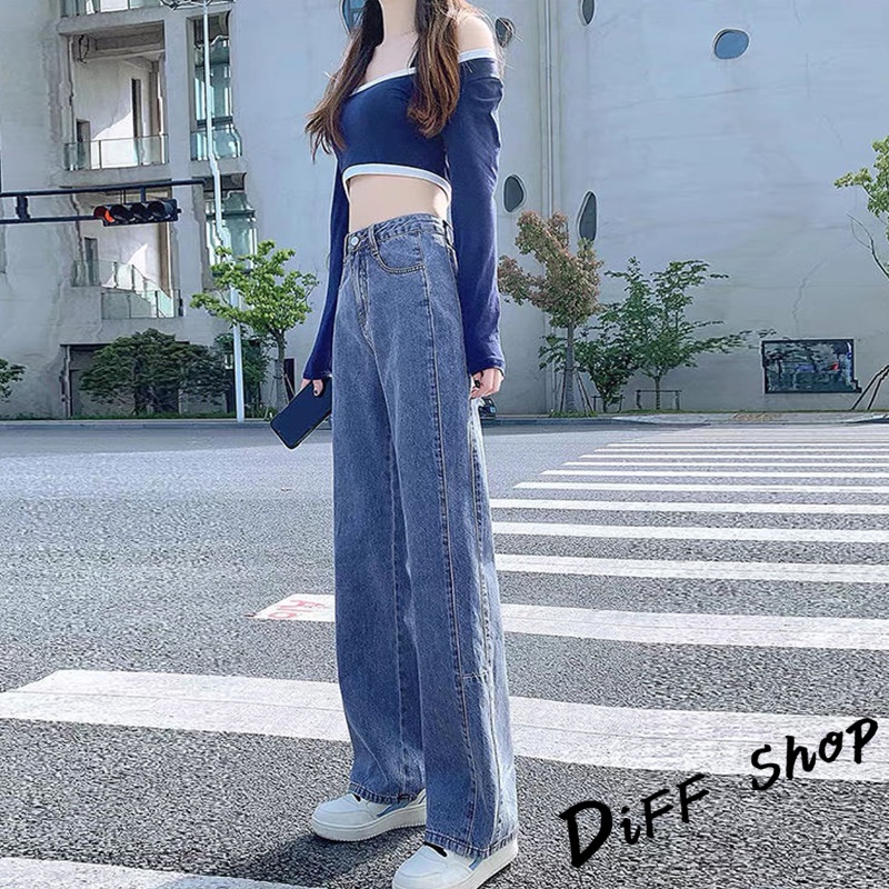 DIFF韓版復古直筒高腰牛仔寬褲 拖地褲 落地褲 寬褲 褲子 長褲 休閒褲 女裝 牛仔褲P97