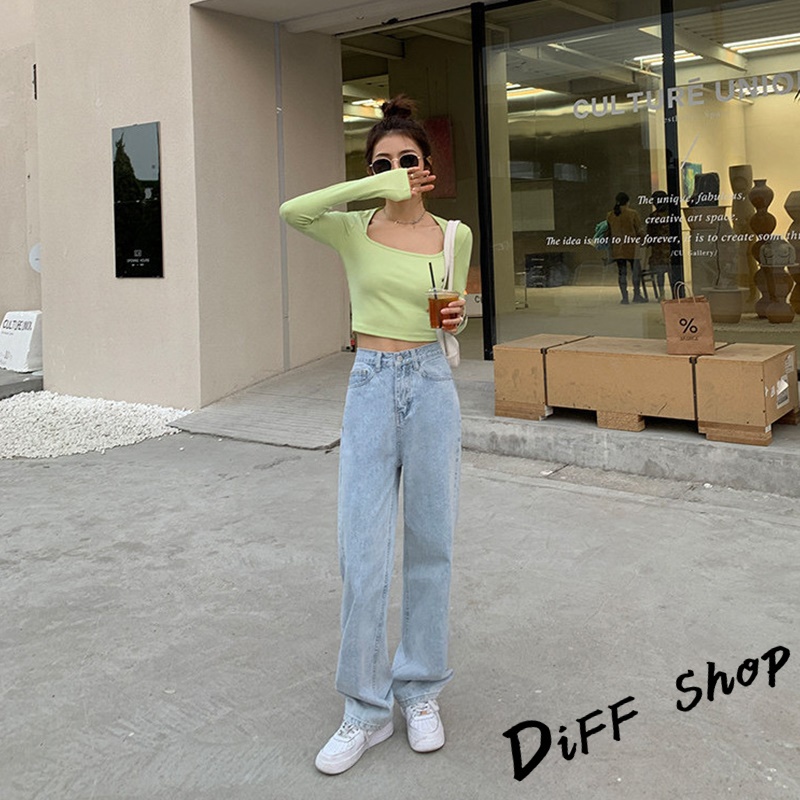 DIFF韓版復古直筒高腰牛仔寬褲 拖地褲 落地褲 寬褲 褲子 長褲 休閒褲 女裝 牛仔褲P97