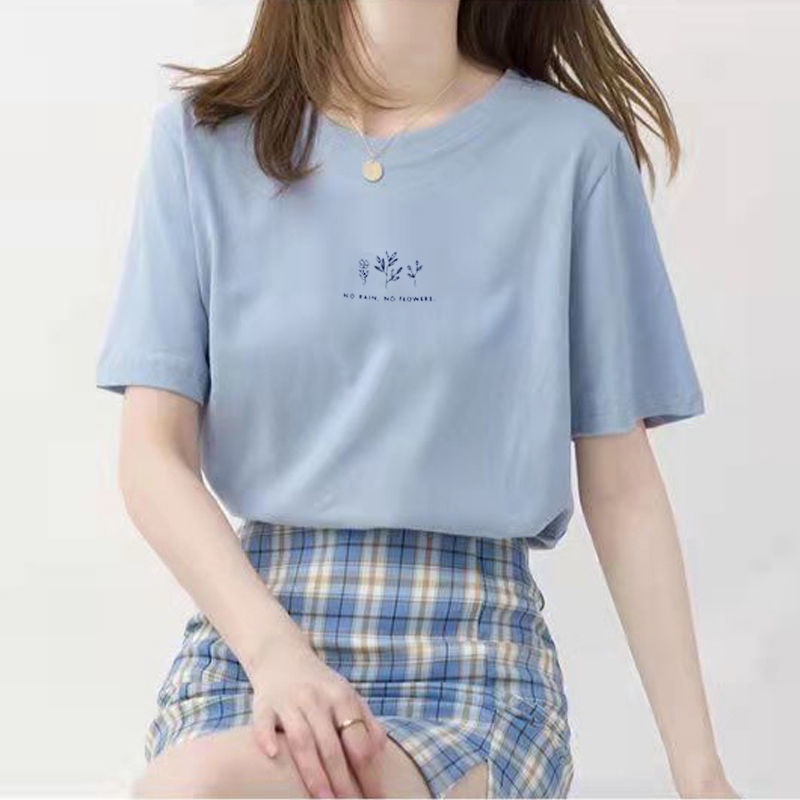 TBB韓版圓領短袖t恤女 夏季短袖上衣 休閒T恤 寬鬆植物印花含棉白色ins超火短袖上衣 學生半袖上衣 多色可選擇