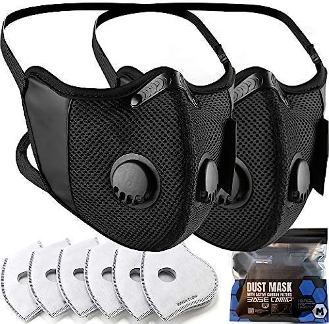 BASE CAMP M Cross Dust Face Mask 2 Pack with Extra 6 Activated Carbon Filters for Woodworking Construction Mowing Sanding Gardening Sawing 2 2