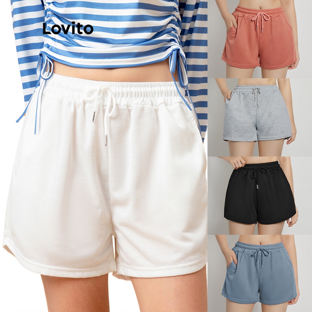 Lovito Casual Solid Drawstring Shorts for Woman L00242 White/Black/Grey/Pink/Blue