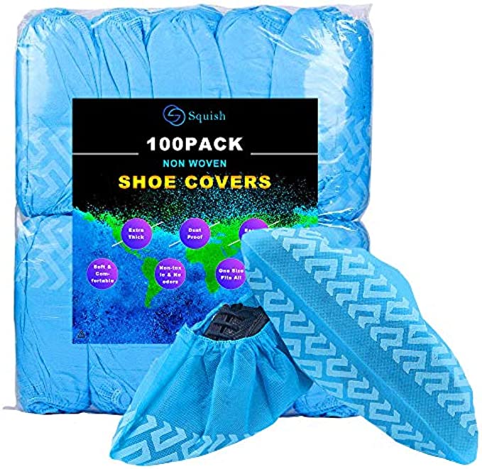 squish Shoe Covers Disposable Non Slip, 100 Pack 50 Pairs Non Woven Fabric Boot Covers for Indoors Breathable Slip Resistant Durable Boot&amp;Shoes Cover, One Size Fits All Blue