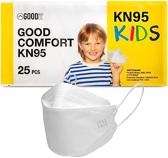 GOOD MASK CO. Good Comfort Kids KN95 Face Mask, Disposable KN95 Face Mask, Folding, Comfortable Face Masks, Bulk Face Masks 25 Pack of Masks, White