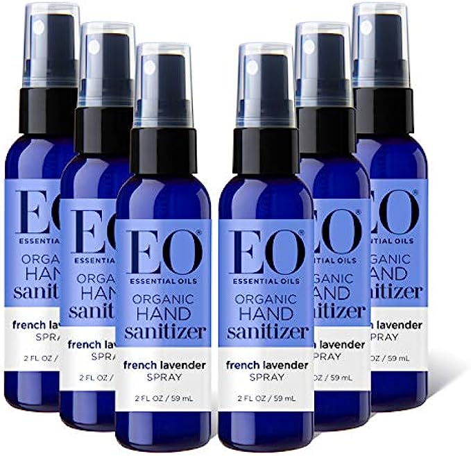 EO Organic Hand Sanitizer Spray, 2 Ounces,Travel Size, French Lavender, Plant Derived Alcohol with Pure Essential Oils, 99% Effective Against Germs Pack of 6