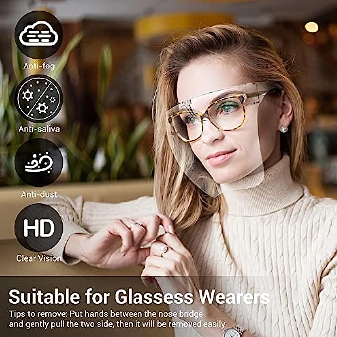 Face Shield with Glasses 4 Pack, Anti-Fog Clear Face Mask Full-Face Protection Reusable Breathable See Through Goggles for Adults