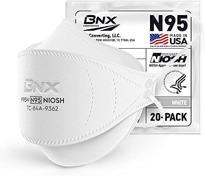 BNX N95 Mask NIOSH Certified MADE IN USA Particulate Respirator Protective Face Mask, Tri-Fold Cup/Fish Style, 20-Pack, Approval Number TC-84A-9362 / Model F95W White