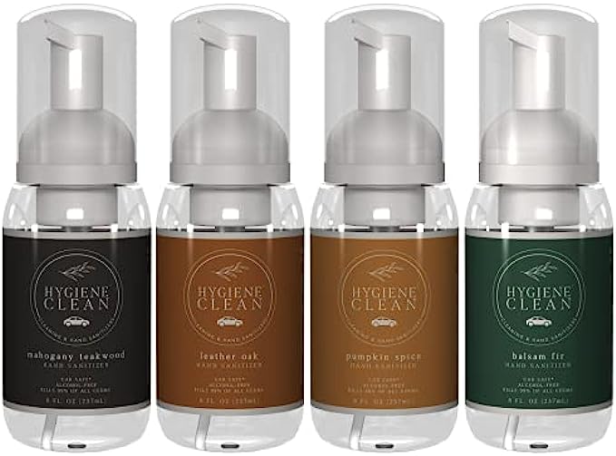 Hygiene Clean Alcohol-Free Foaming Hand Sanitizer with Four Fall Fragrances 4 Pack: Leather Oak, Mahogany, Pumpkin Spice, Balsam Fir, 8 Fl Oz