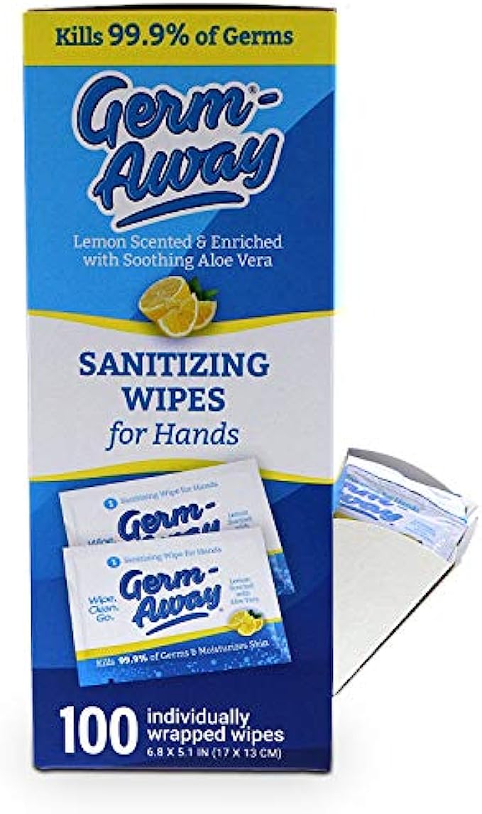 Germ-Away Large Antibacterial Hand Wipes Individually Wrapped Wipes, Travel Size Hand Sanitzer Wipes with Aloe in Dispenser Box, 100 ct Lemon Scent