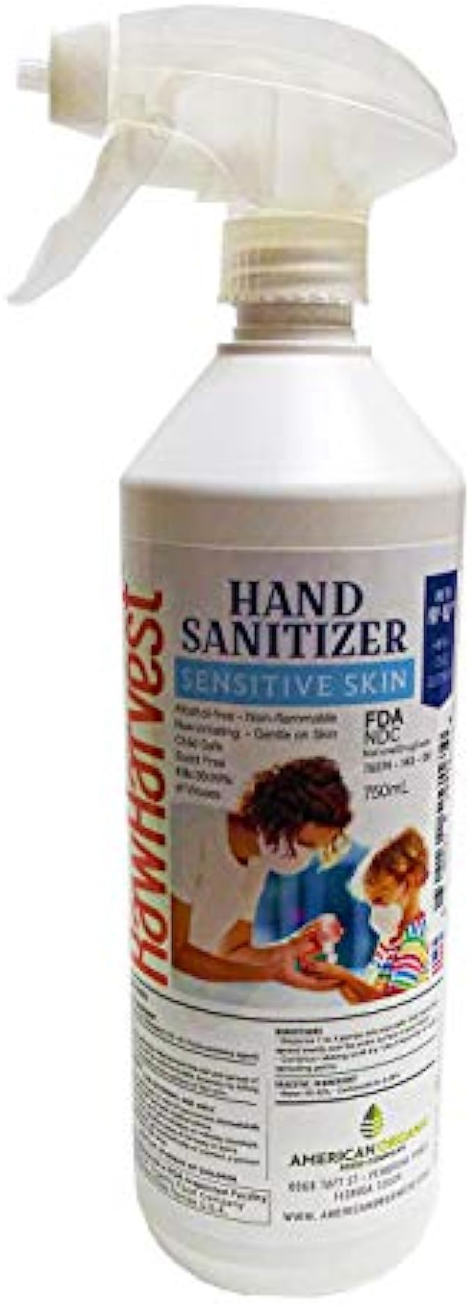 RawHarvest Hand Sanitizer Sensitive Skin Alcohol free 25 oz Liquid Spray Bottle Made in USA FDA Registered NDC 79374-140-08 Powered by NanoTechnology