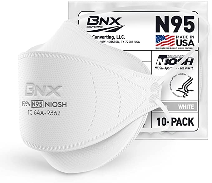 BNX N95 Mask NIOSH Certified MADE IN USA Particulate Respirator Protective Face Mask, Tri-Fold Cup/Fish Style, 10-Pack, Approval Number TC-84A-9362 / Model F95W White