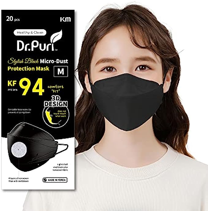 [20 Pack] Dr.Puri New Micro-Dust Protection Face Premium Mask KF94 Black Medium