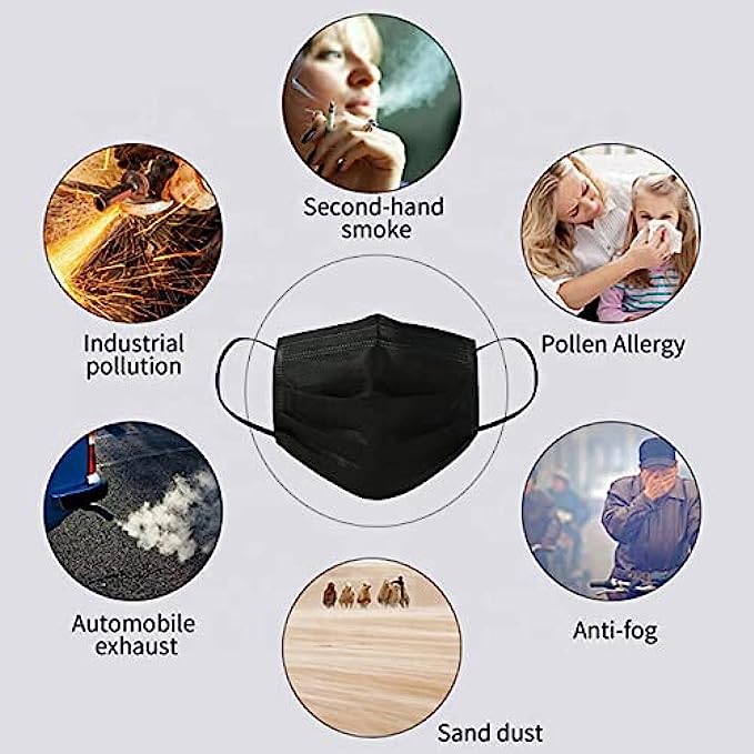 Face Mask 100PCS Adult Black Disposable Masks 3-Layer Filter Protection Breathable Dust Masks with Elastic Ear Loop for Men Women