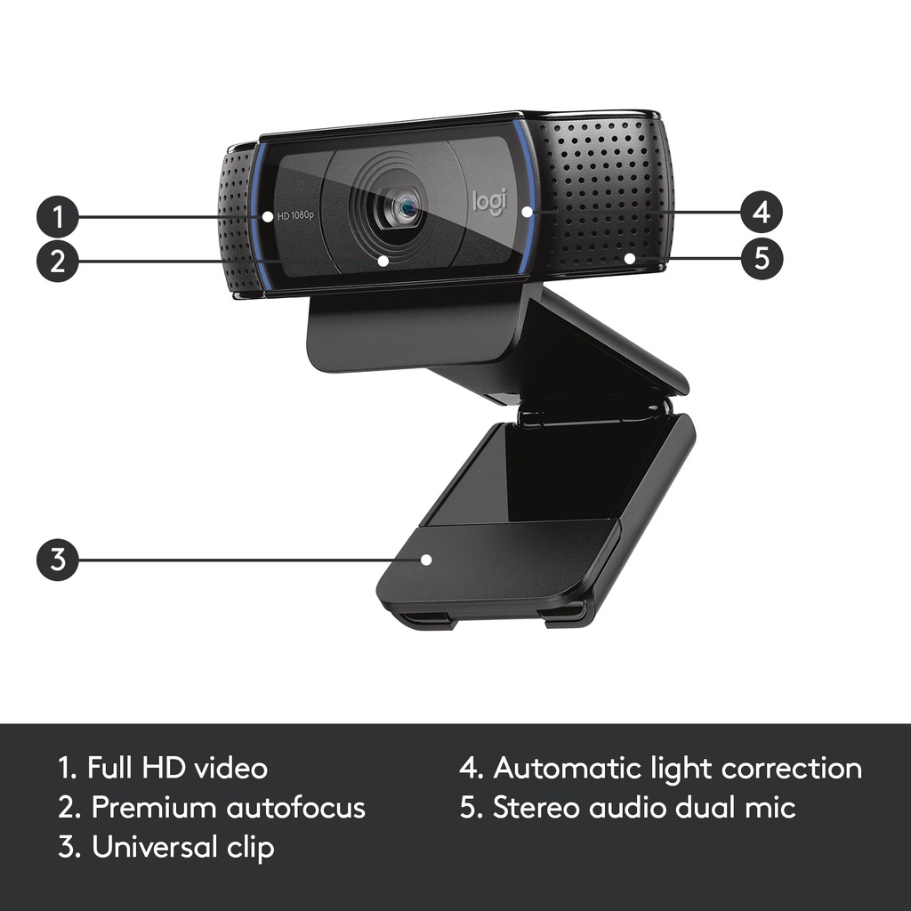 Logitech Webcam C920 Pro Full HD 1080P with Stereo Audio For Streaming / Video Conferencing Web Cam - EBL, Auto Focus