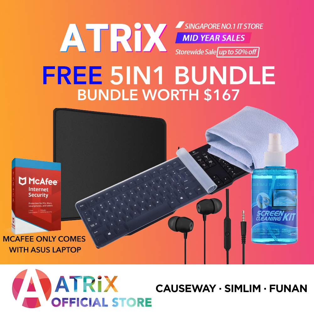5IN1 Bundle | Stereo Earphones, Keyboard Cover, MousePad, Cleaning Kit, McAfee AVOnly ASUS