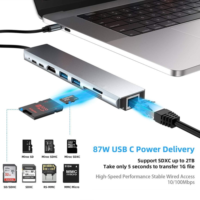 8-IN-1 USB C HUB Type C To HDMI Adapter Type-c To USB 3.0 RJ45 Ethernet Micro SD Card Reader USB C 3.1 Data Transfer 87W PD Charging Multi Port HUB Type C Docking Station