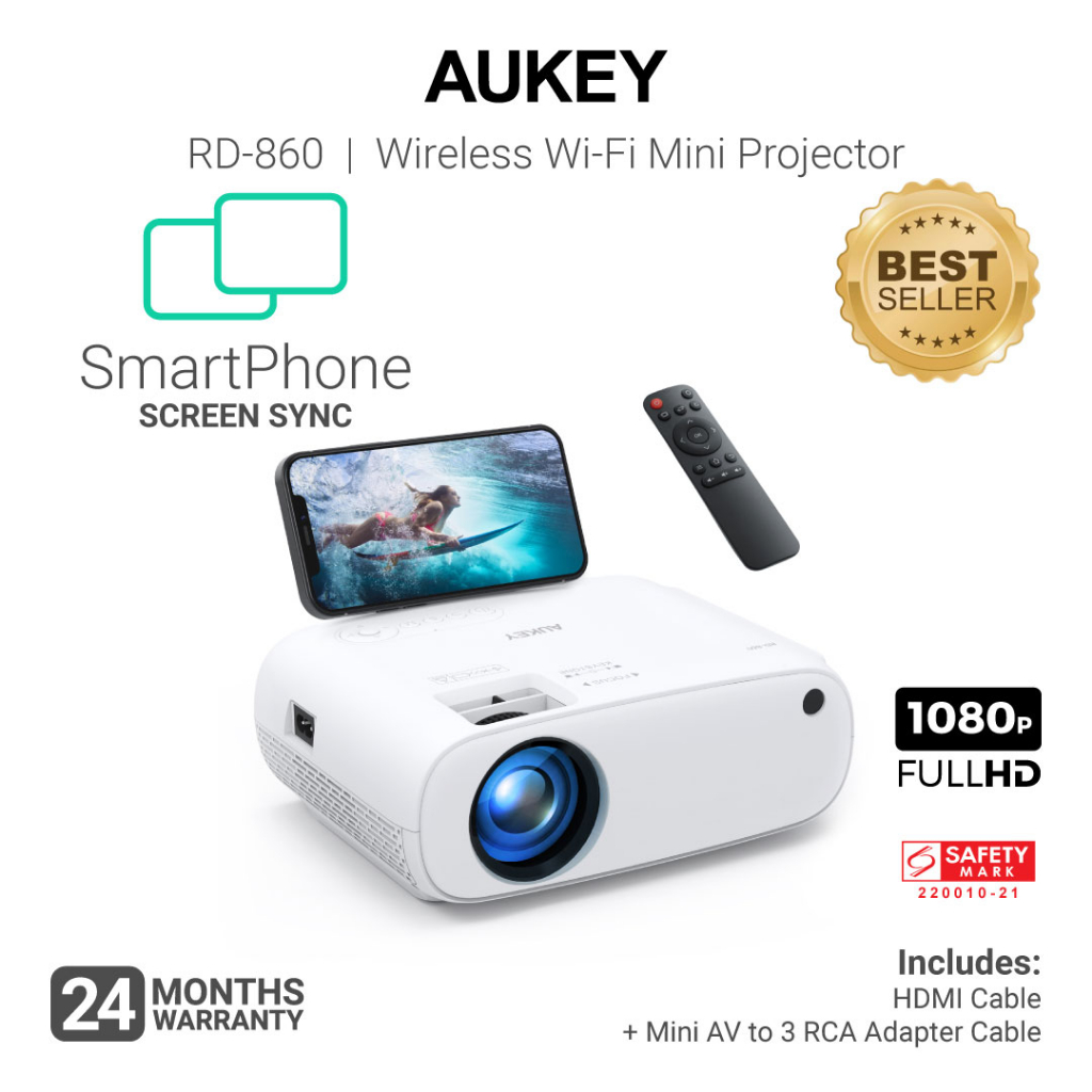 Aukey RD-860 Wi-Fi Mini Projector with 1080p Resolution Smartphone Screen Sync 24 months warranty