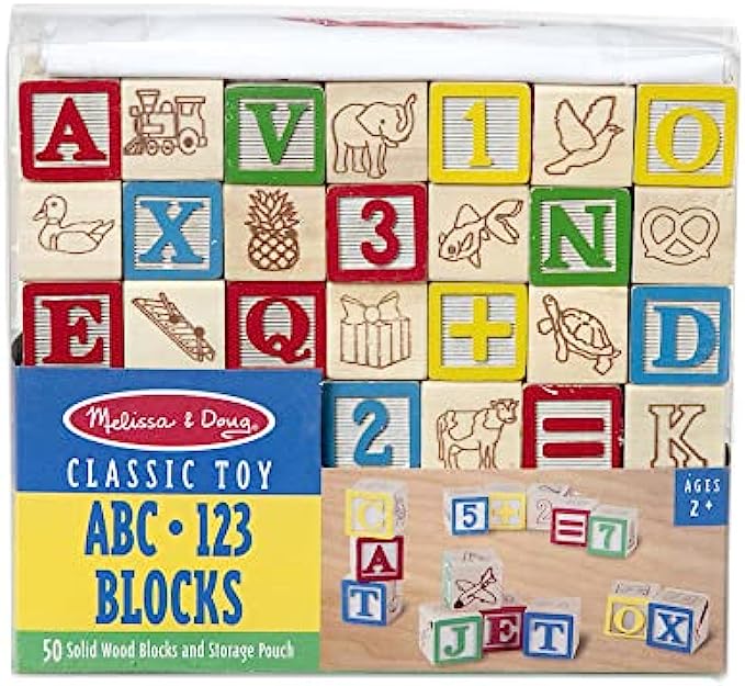 Melissa &amp; Doug Deluxe Wooden ABC/123 1-Inch Blocks Set With Storage Pouch 50 pcs