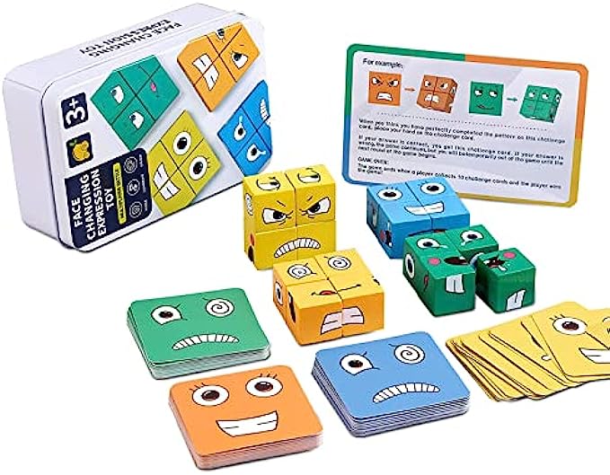 Wooden Face Changing Cube Game, Mini Expressions Matching Block Puzzles Building Cubes Portable Logical Educational Training Toys for Family Kids Adults A
