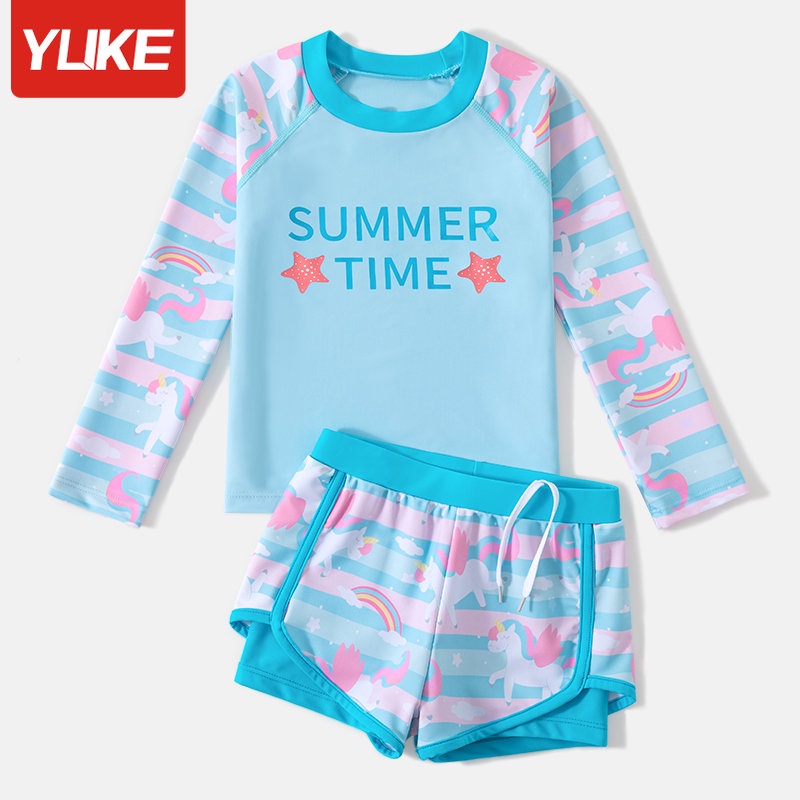 Kids Swimsuit 2023 Cartoon Cute Girls Long Sleeve Sun Protection Two Piece Swimsuit Student Swimmer Conservative Swimwear Children Soft and Comfortable Swimming Suit