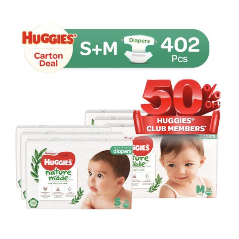Twin Cartons Huggies Naturemade Platinum Tape Diapers S + M